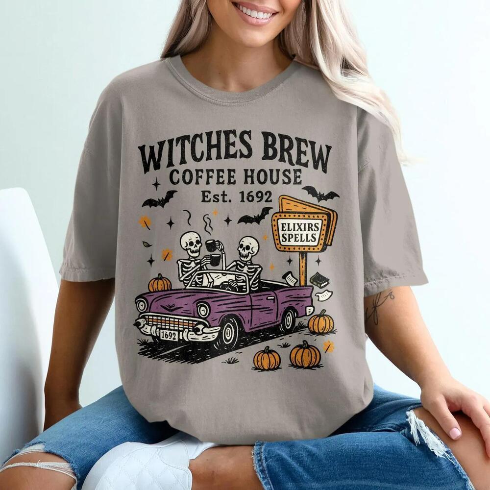 Witches Brew Coffee House T-Shirt Spooky Skull Car Tee Retro Halloween